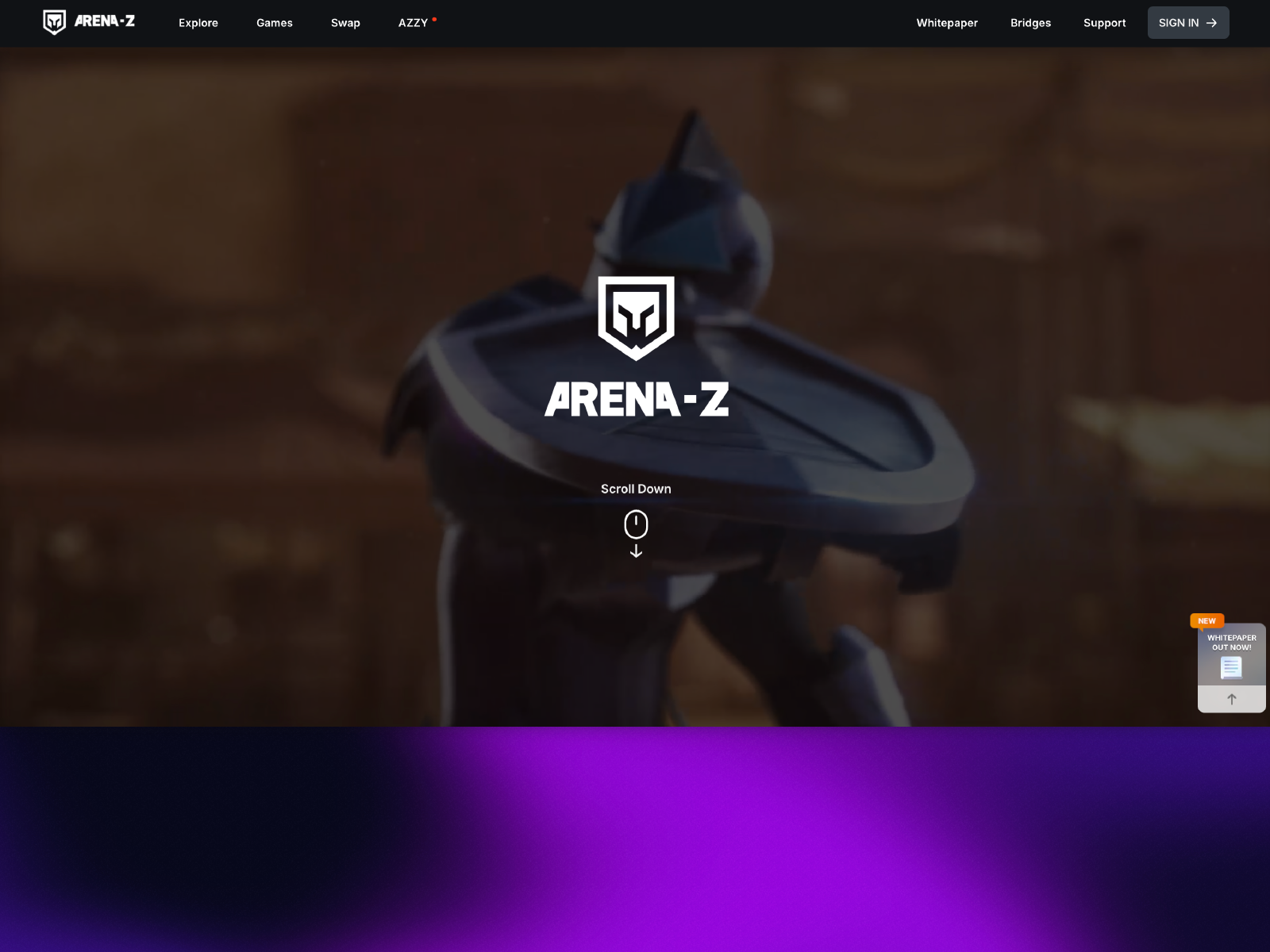 Arena-Z website hero with 3D character and logo