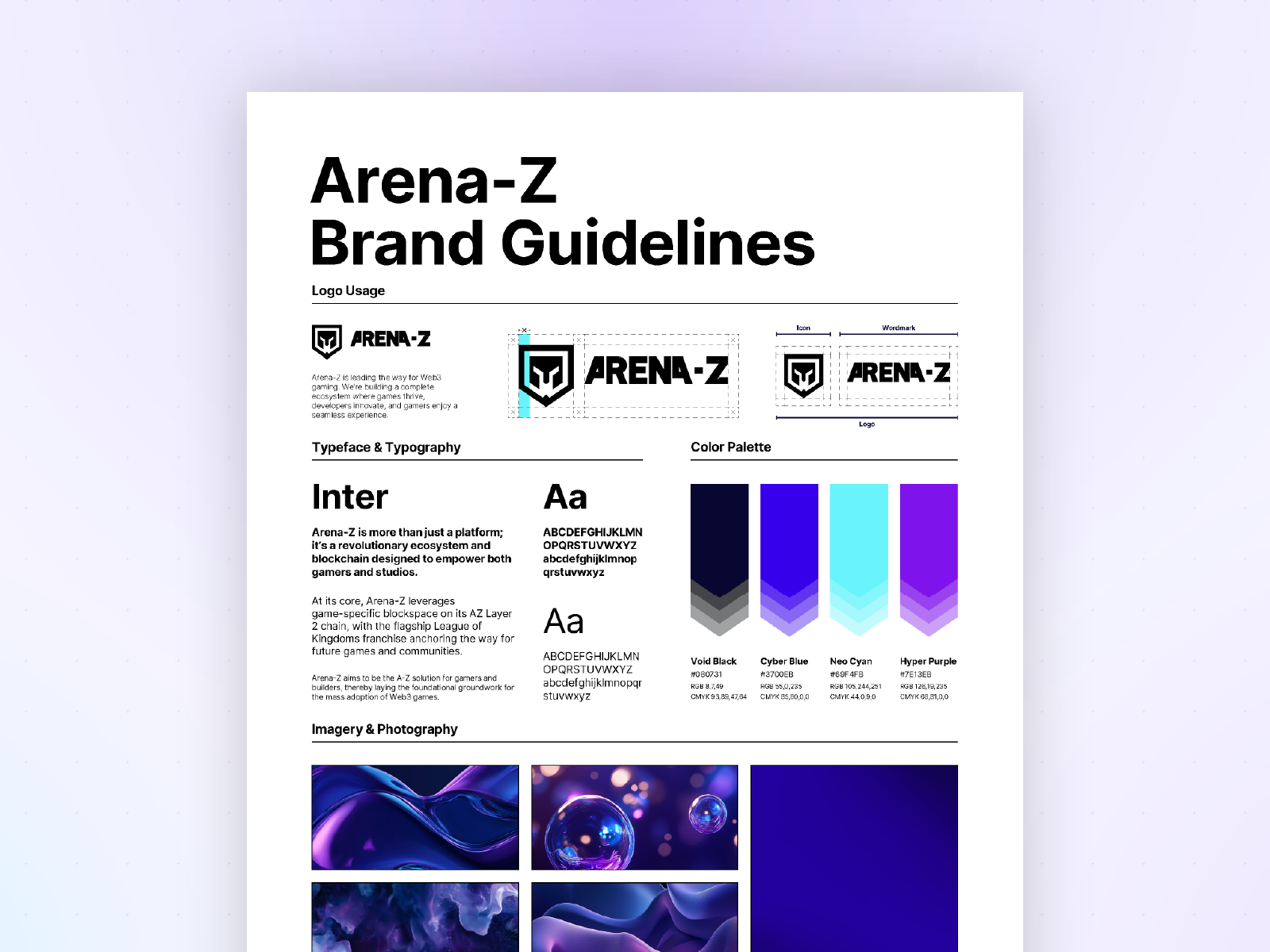Arena-Z brand guidelines: logo usage, typography, color palette, and imagery direction
