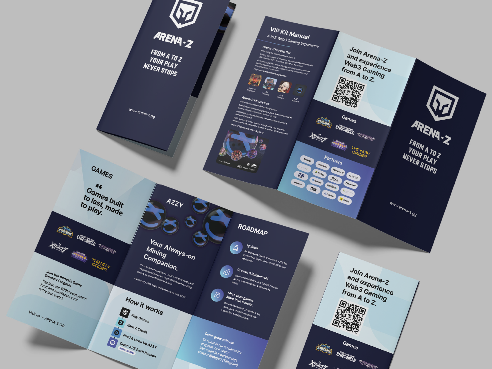 VIP kit brochure mockup with games, AZZY mascot, roadmap, and QR codes
