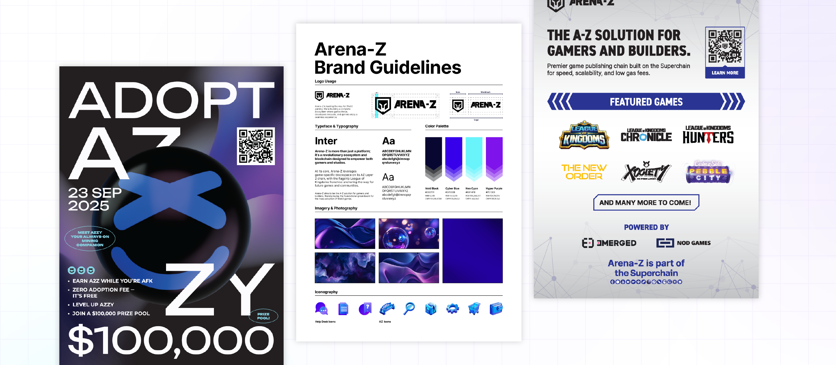 Arena-Z campaign poster, brand guidelines, and platform one-pager