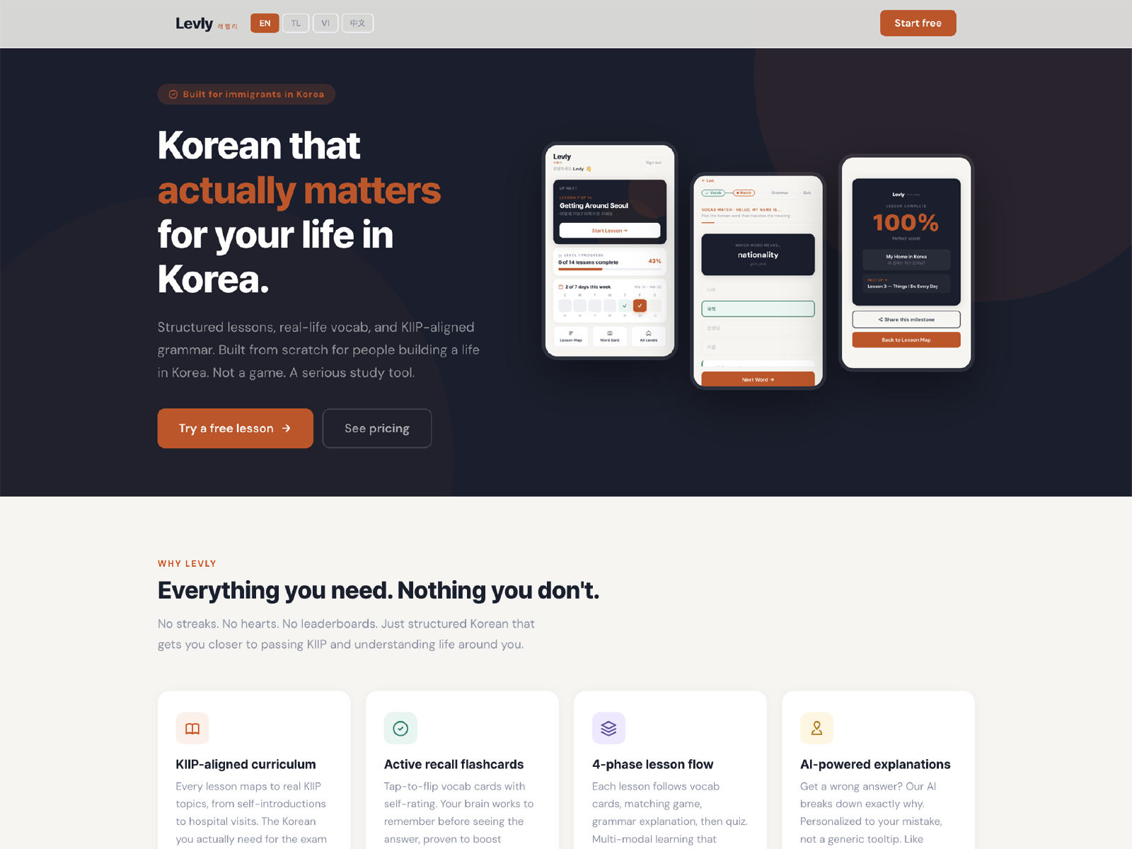 Levly desktop website showing hero section and feature overview