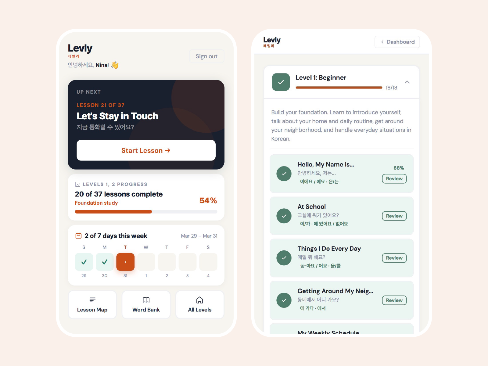 Levly app dashboard with lesson progress and Level 1 lesson map