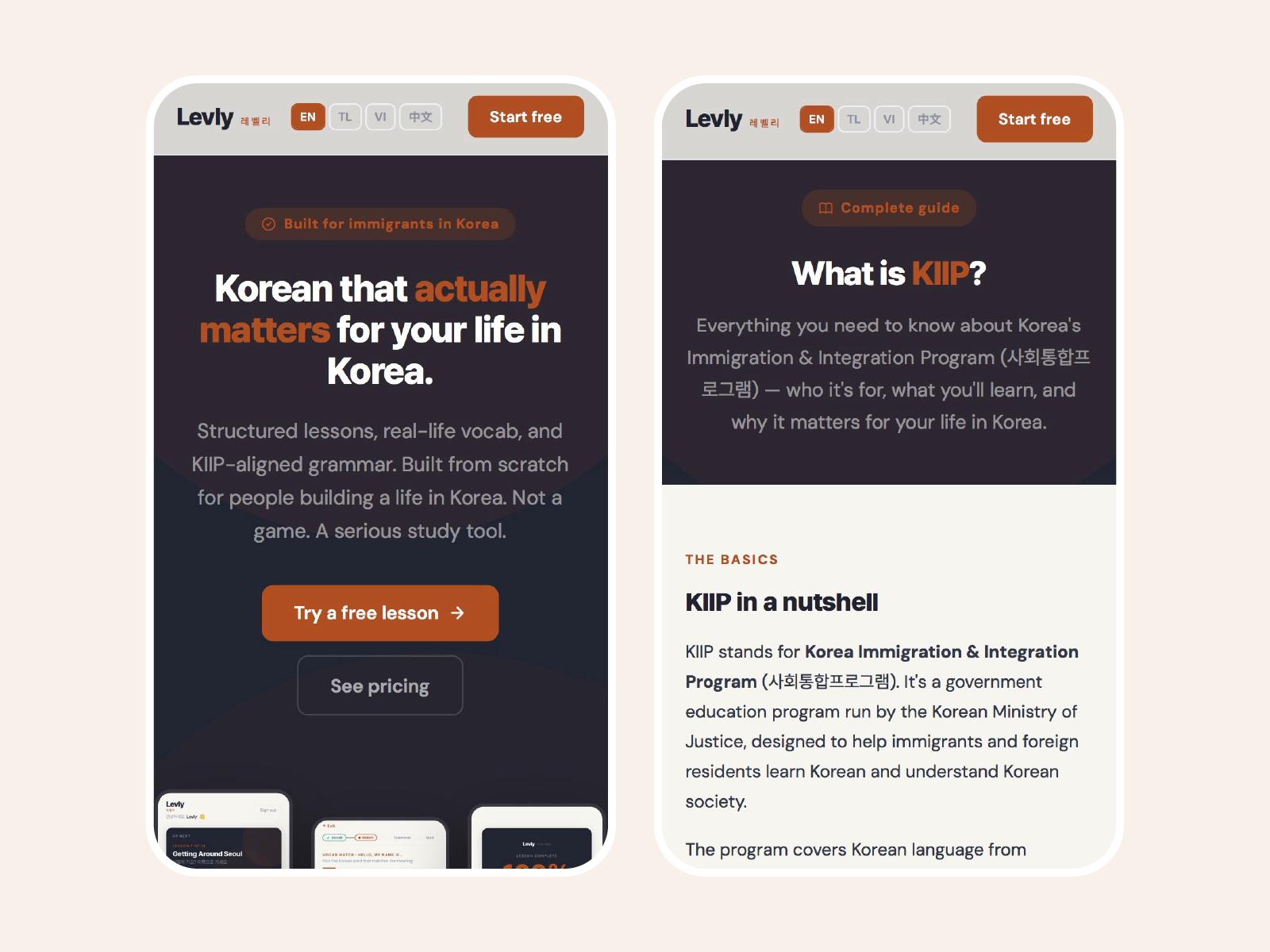 Levly mobile website hero and KIIP guide page