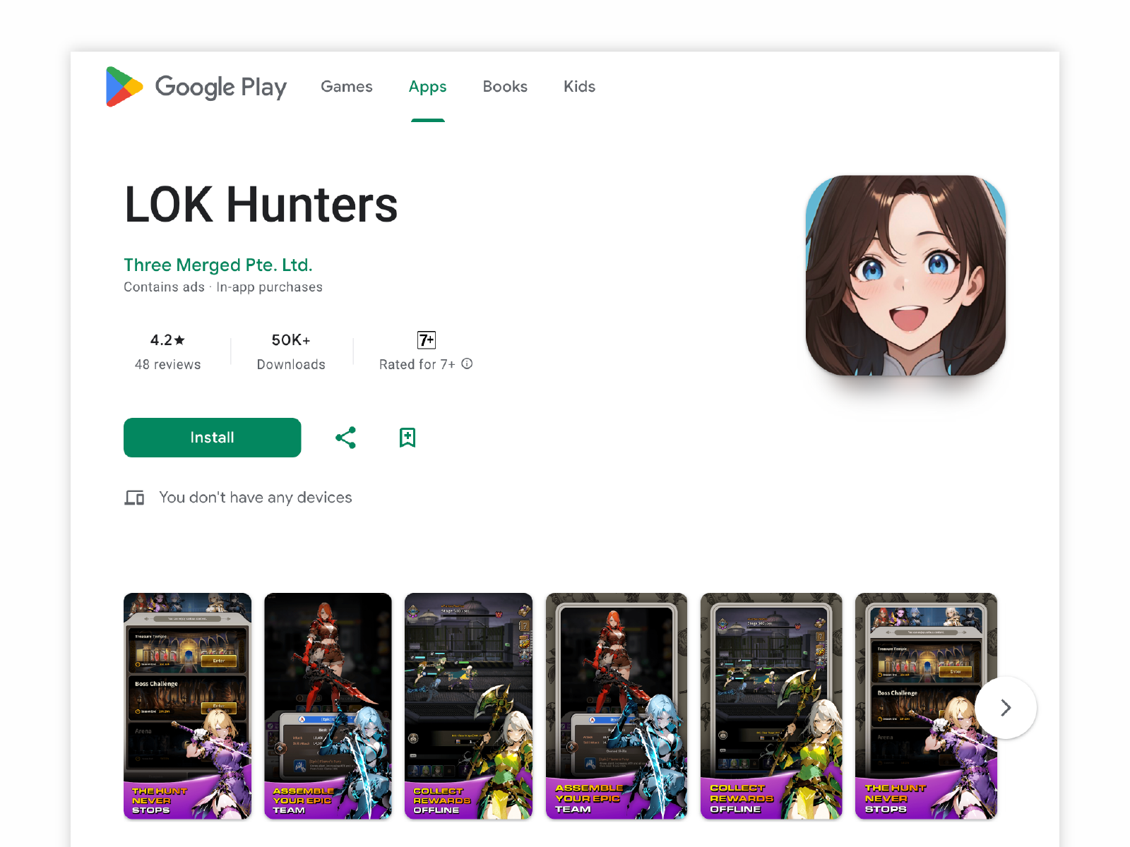 LOK Hunters on Google Play Store with 50K+ downloads and 4.2 star rating