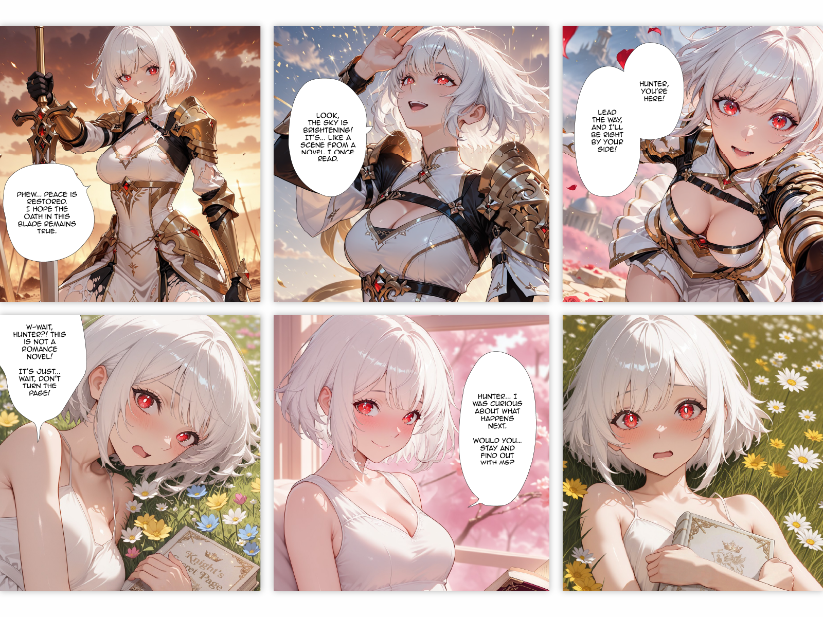 Lore storyboarding: comic-style panels with character dialogue and scene direction