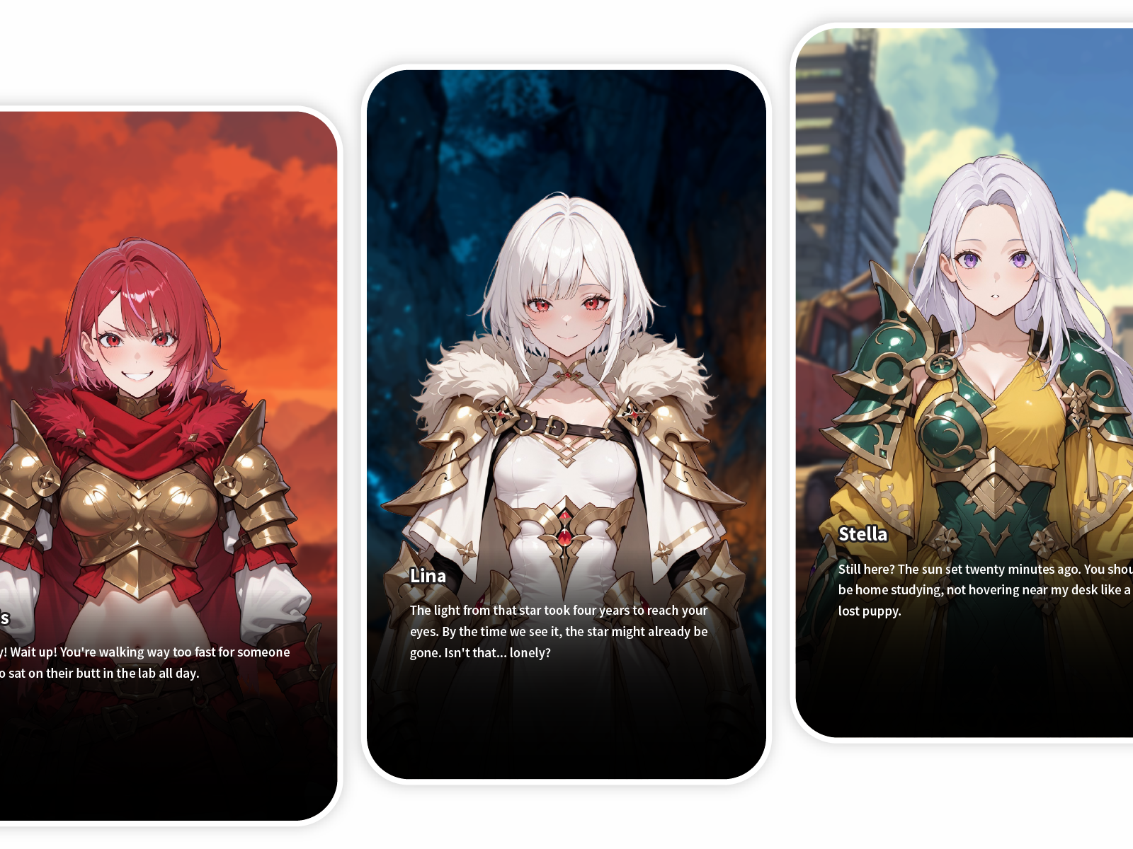 Character cards with in-game dialogue for Lina, Stella, and supporting cast