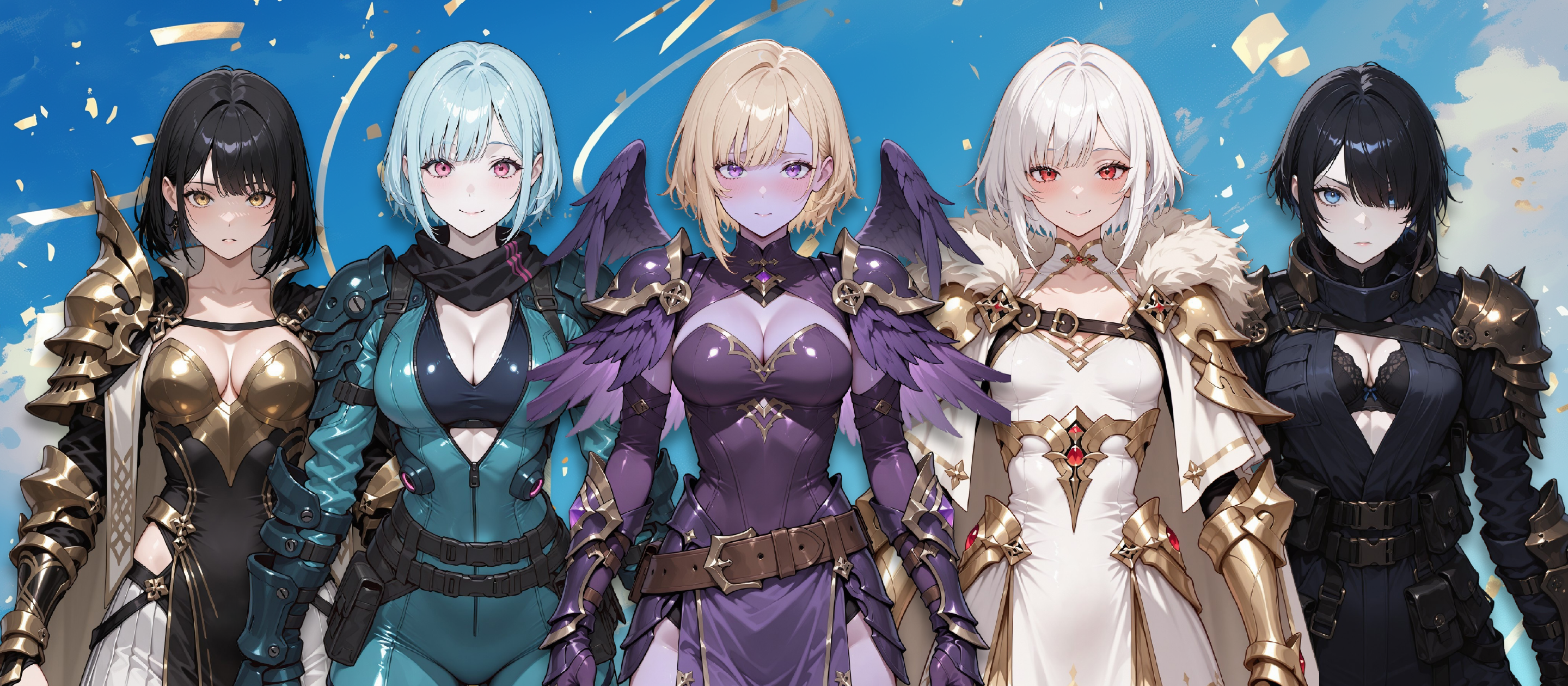 Original character lineup: five hunters in full armor, designed with Stable Diffusion and Midjourney