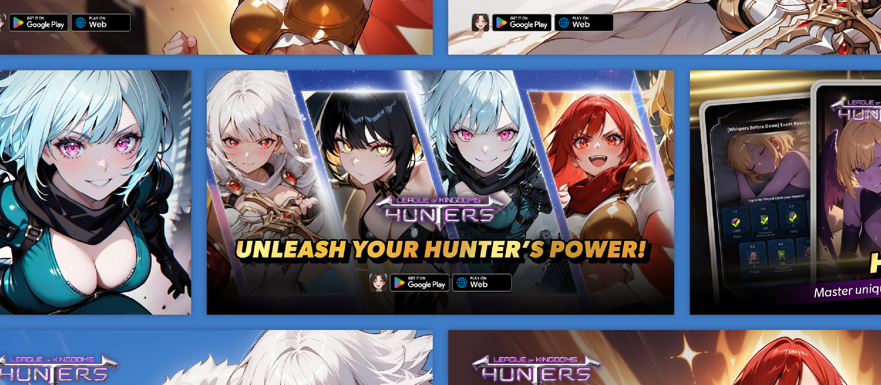 LOKH campaign creative collage: Google Play banners, character art, and app store assets